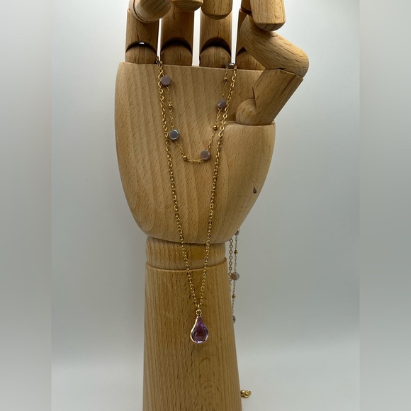 Lila & Gold Elegant Teardrop Pendant Layered Necklace, Flirty Delicate Necklace - Picture 4 of 11